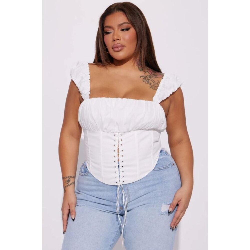 Fashion Nova Womens Brunch Talks Poplin Corset Top Size L White Lace-Up Front